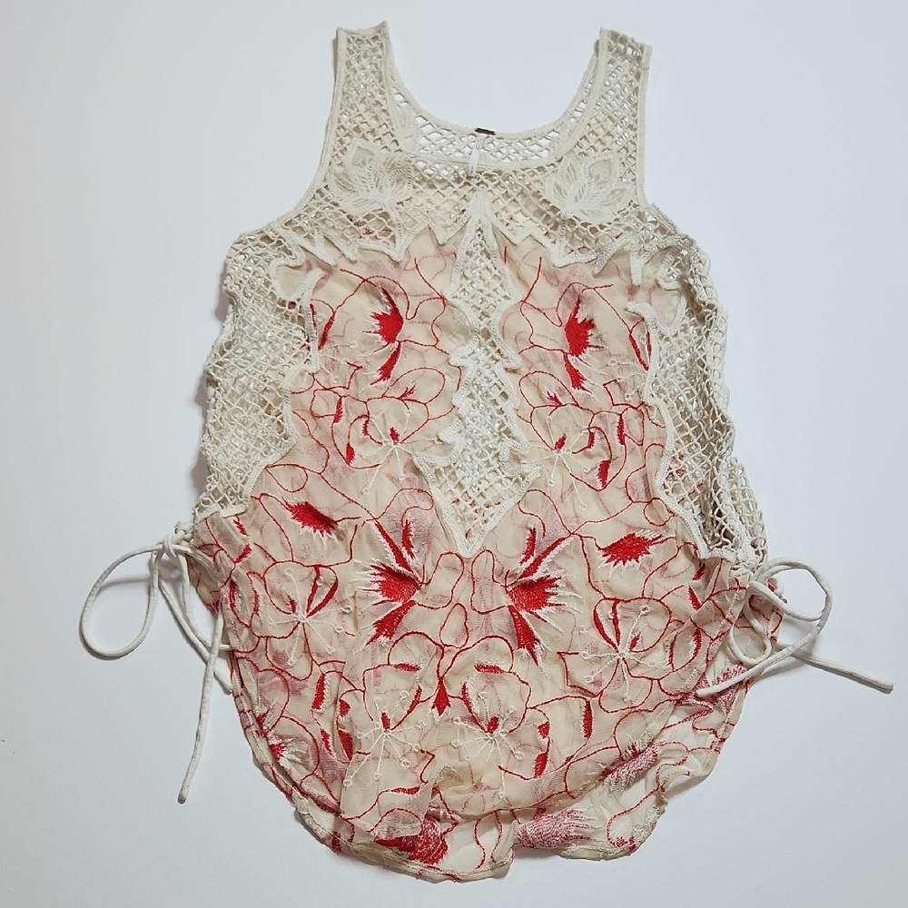 Free People Sheer Embroidered Lace Tank Top Cream Red Floral Festival Boho Women